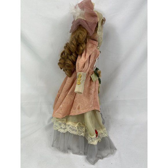 Vintage Porcelain Doll 15" Blue Eyes Brown Hair Pink Dress Floral Figure Toy 1 - Picture 4 of 7
